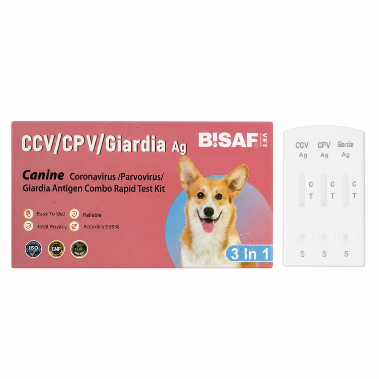 Opakowanie i kasetka testu COMBO 3w1 parwowiroza, koronawirus i giardia dla psa