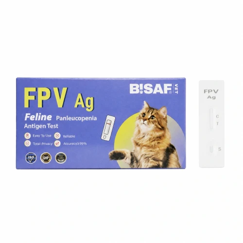 Opakowanie i kasetka testu antygenowego FPV Ag dla kotów.