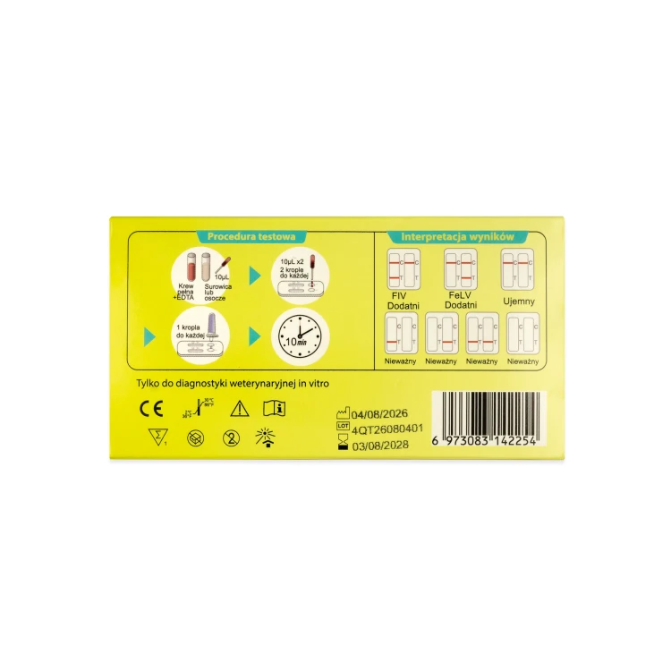 Tył opakowania testu COMBO 2w1 FIV/FeLV BISAF VET dla kotów z instrukcją wykonania i interpretacją wyników